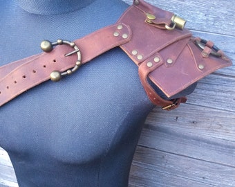 Primitive Brown Leather Unisex Left Shoulder Steampunk Harness with Mini Spyglass Brass Hardware