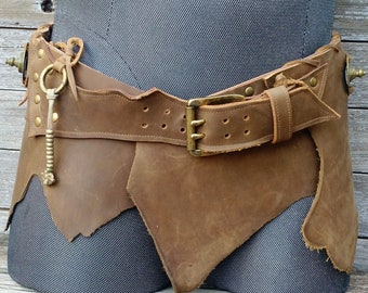 Primitive Tribal Brown Leather Wide Belt w Vintage Ethiopian Shields and Antiqued Brass Hardware