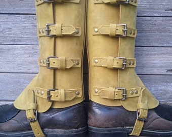 Swiss Military Style Gaiters or Spats in Fully Leather Lined Desert Sand Buff Leather w Antiqued Brass Hardware