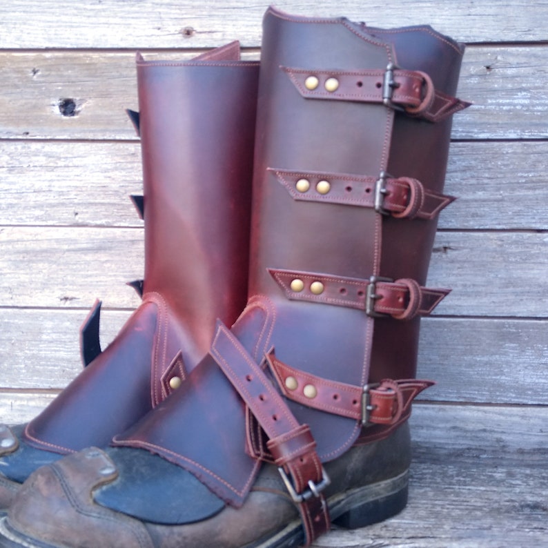 Spats, Gaiters, Puttees – Vintage Shoes Covers Primitive Glossy Brown Leather Peaked Spats with Antiqued Brass Hardware $98.00 AT vintagedancer.com