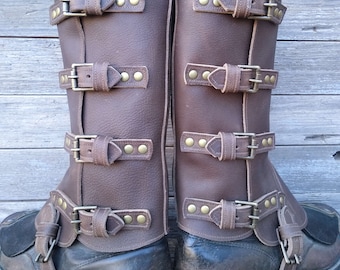 Taller Swiss Military Style Gaiters or Spats in Oiled Olive Gray or Mushroom Leather w Antiqued Brass Hardware