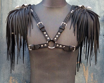 Primitive Feathered or Spiked Leather Harness w Additional Underarm Straps in Black w Nickel Raven Skulls