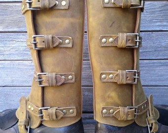 Swiss Military Style Gaiters or Spats in Fully Leather Lined Desert Sand Leather w Antiqued Brass Hardware