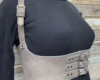 Women's Metallic Silver Leather Under Bust Suspender Harness Vest with Nickel Hardware