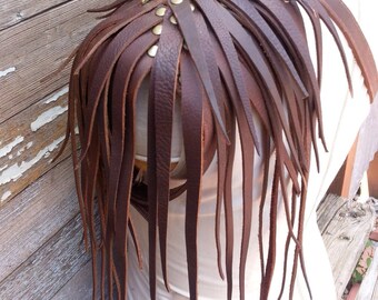 Primitive Feathered Brown Leather Unisex Left Shoulder Harness with Brass Raven Skull
