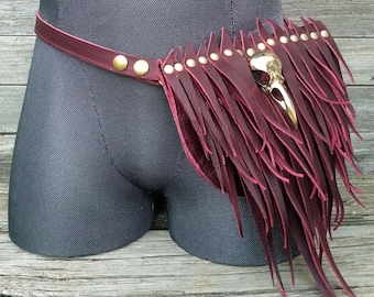 Primitive Feathered Oxblood Leather Sporran Hip Bag or Pouch with Brass Raven Skull