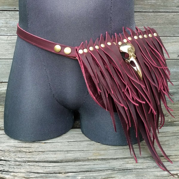 Primitive Feathered Oxblood Leather Sporran Hip Bag or Pouch with Brass Raven Skull