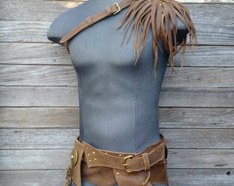 ON SALE! * Primitive Feathered Brown Leather Unisex Left Shoulder Harness with Brass Raven Skull and Primitive Belt w Antiqued Hardware