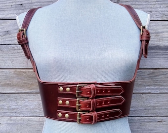 Women's Red Brown Leather Under Bust Suspender Harness Vest with Antiqued Brass Hardware