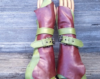 OOAK Steampunk Leather Long Fingerless Gloves w Leather Wrap in Apple Green and Smoked Paprika w Ant Brass Accent