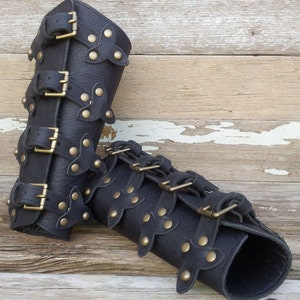 Black Leather Bracers with Top Straps, Scales and Antiqued Brass Hardware image 3