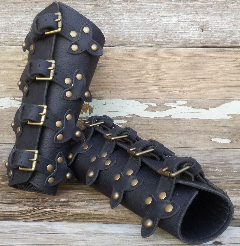 Black Leather Bracers with Top Straps, Scales and Antiqued Brass Hardware image 3