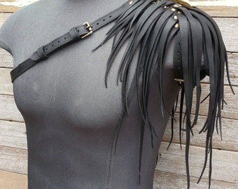 Primitive Feathered Black Leather Unisex Left Shoulder Harness with Brass Raven Skull