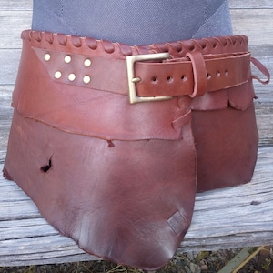 Primitive Tribal Brown Leather Wide Belt w Antiqued Brass Hardware, Larger Size