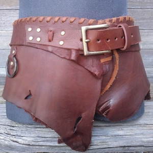 Primitive Tribal Heavier Weight Brown Leather Wide Belt w Antiqued Brass Hardware