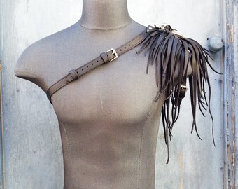 Primitive Feathered Black Leather Unisex Left Shoulder Harness with Nickel Raven Skull