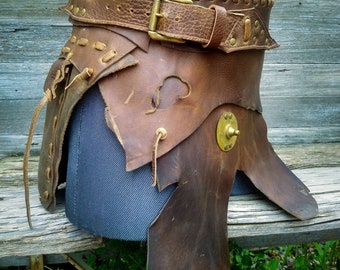 Primitive Tribal Olive Leather Wide Belt 2 w Vintage Ethiopian Shield, Torque and Antiqued Brass Hardware