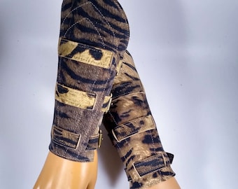 Suede Leather Peaked Three Strap Bracer Pair Stylized Tiger Print with Antiqued Brass Buckle and Hardware