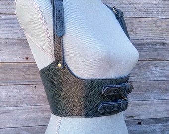 Women's Gray Green Leather Under Bust Suspender Harness Vest with Antiqued Brass Hardware