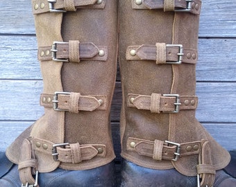 Swiss Military Style Gaiters or Spats in Rough Out Brown Leather w Antiqued Brass Hardware