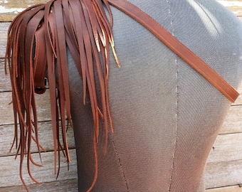 Primitive Feathered Brown Leather Unisex Left Shoulder Harness with Antiqued Brass Hardware