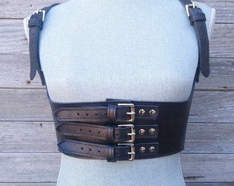 Women's Black Leather Under Bust Suspender Harness Vest with Nickel Hardware