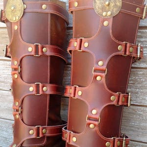 Brown Leather Shin Guards, Shinguards or Gaiters with Antiqued Brass Hardware and Ethiopian Shield