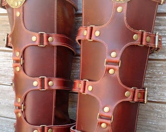 Brown Leather Shin Guards, Shinguards or Gaiters with Antiqued Brass Hardware and Ethiopian Shield