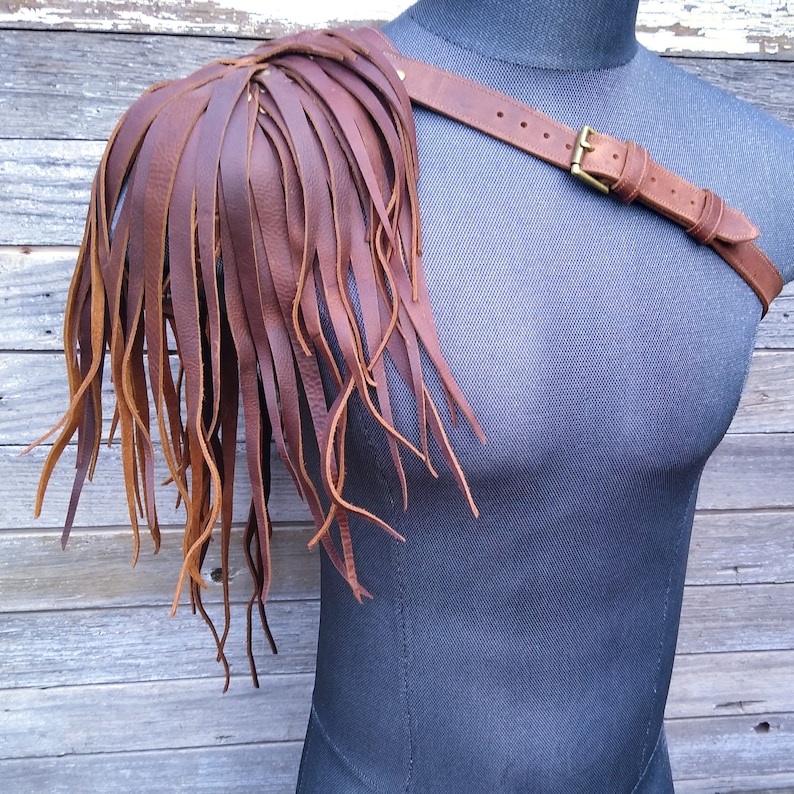 Primitive Feathered Brown Leather Unisex Right Shoulder Harness with Antiqued Brass Hardware