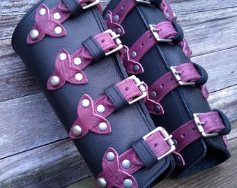 Oiled black Leather Bracers with Deep Purple Top Straps, Scales and Antiqued Nickel Hardware