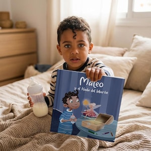 Może przedstawiać: Dziecko trzyma książkę dla dzieci zatytułowaną "Mateo y el Hada del biberón" z niebieską okładką. Ilustracja przedstawia chłopca, wróżkę i skrzynię skarbów. Dziecko trzyma również butelkę dla dziecka wypełnioną mlekiem.