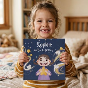 May include: A square hardback book with a dark blue cover featuring the title Sophie and the Tooth Fairy in white text. The cover illustration shows a cartoon character holding a yellow star, surrounded by small white teeth and gold stars.