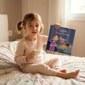 May include: A young girl in striped pyjamas holds a children's book titled "Sofia y el Hada del Chupete." The book cover features an illustration of a girl and a fairy. The girl is also holding a dummy.