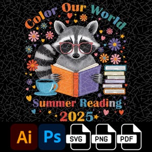Peut inclure: Un raton laveur portant des lunettes est assis avec un livre dans ses pattes et une tasse de café. Le raton laveur est entouré de fleurs colorées et du texte "Color Our World Summer Reading 2025".