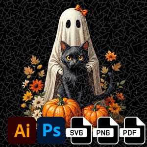 Peut inclure: Illustration numérique sur le thème d'Halloween avec un chat noir, un fantôme et des citrouilles. Le fantôme porte un nœud et tient le chat. Des feuilles d'automne et des fleurs entourent les citrouilles. Fond noir avec des lignes blanches.