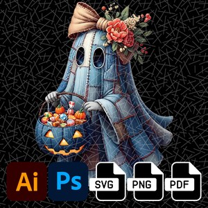 Peut inclure: Illustration sur le thème d'Halloween d'un personnage fantôme. Le fantôme est vêtu d'une tenue en denim patchwork, ornée d'un nœud et d'une composition florale. Il porte un panier de jack-o'-lantern rempli de bonbons. Le fond est noir avec des lignes blanches.