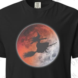 Blood Moon Witch on Broom T-Shirt Black or White, Halloween Witch Unisex TShirt, Witch on Broom Tee, Spooky Moon T-Shirt, Gothic Shirt