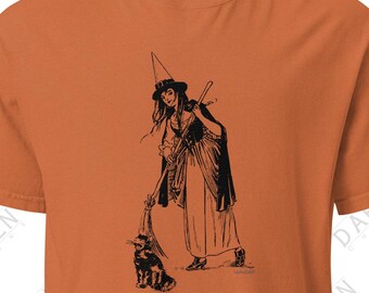 Vintage Orange Witch T-Shirt with Cat, Retro Halloween Witch Unisex Shirt, Witch on Broom Tee, Spooky Vintage Shirt, Gothic Witchcore