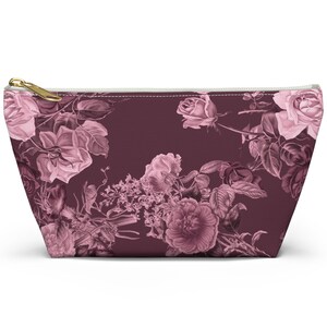 Burgundy Floral Patterned Accessory Pouch, Cute Zipper Bag for Makeup, Travel Organizer, Gift for Nature Lovers, Eco-Friendly Style