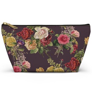 Dark Plum Floral Accessory Pouch, Zipper Makeup Bag, Travel Organizer, Nature Lover Gift, Flower Cosmetic Bag, Small Toiletry Pouch