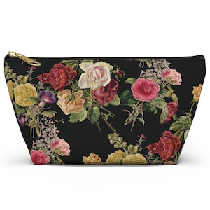 Black Floral Accessory Pouch, Zipper Makeup Bag, Travel Organizer, Nature Lover Gift, Flower Cosmetic Bag, Small Toiletry Pouch