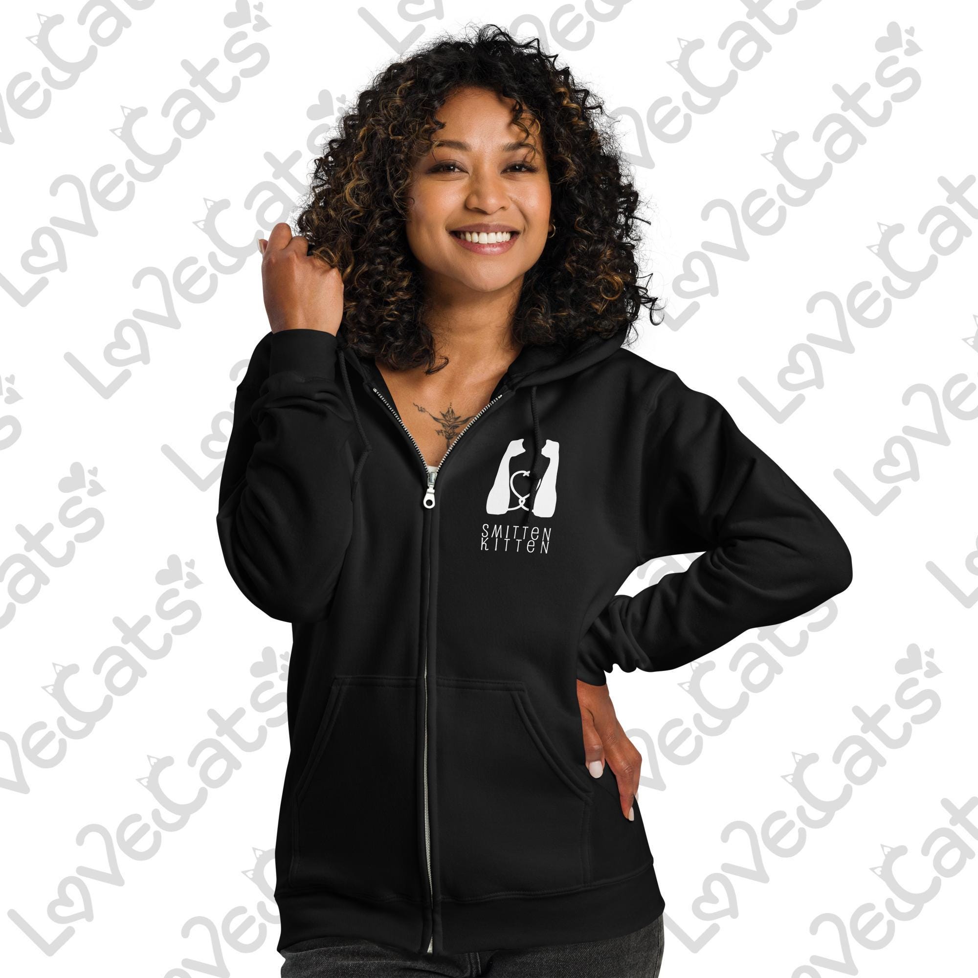 Smitten Kitten Zip-Up Hoodie: Unisex Fleece Cat Lover Sweatshirt