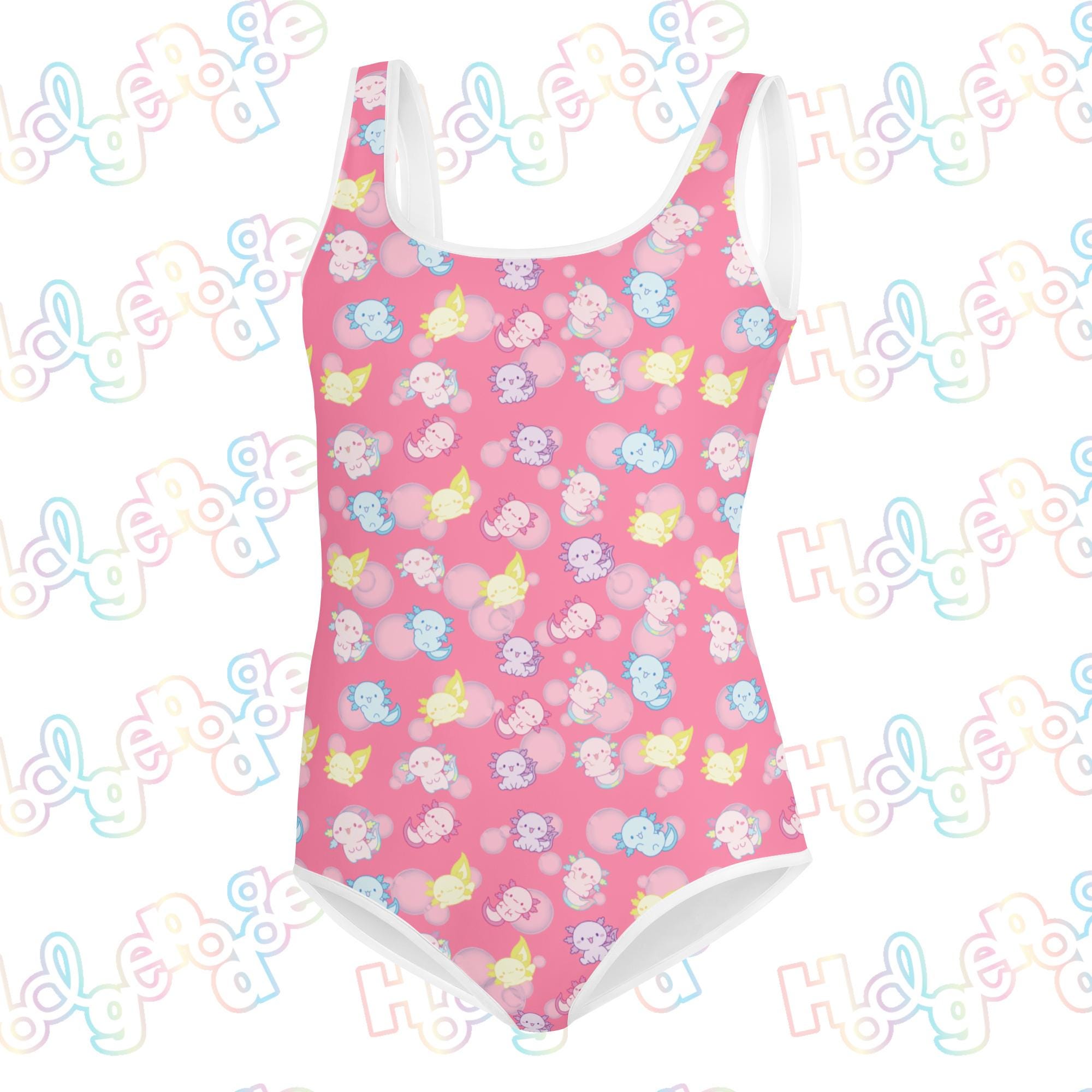 Pink Axolotl & Bubbles Print Youth One-Piece Swimsuit, Kawaii Axolotl, Kids Swimsuit, Salamander Swimsuit