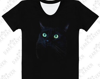 Black Cat with Green Eyes Women&#39;s T-shirt, Cute & Spooky Cat Lover Tee, Black Feline, Spooky Black Cat Shirt, Black Cat Era, Black Cat Vibes