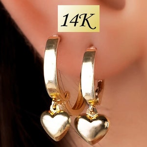 14K Gold Herz Ohrringe Puffy Herz Ohrringe Baumeln 14K Solid Gold Herz Tropfen Ohrringe Geschenk Frau Chunky Herz Huggie Creolen Ohrringe