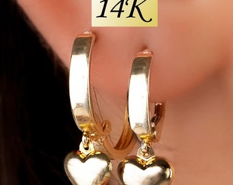 14K Gold Heart Earrings Puffy Heart Earrings Dangle Solid Gold hypoallergenic earrings for sensitive ears Gift Woman Heart Huggie Hoops