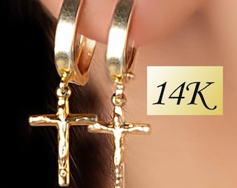 Crucifix Jesus 14K Gold Earrings Christian Cross Jewelry Baptism gift Catholic Mens Ear Ring Chunky Cross Hoop Dangle Cross Earrings Child