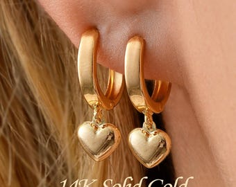 14K Solid Gold Heart Huggie Earrings Dangle Drop Puffy Hoops Jewelry Gift Ohrringe Drehverschluss