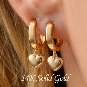 14K Solid Gold Herz Huggie Ohrringe Baumeln Drop Puffy Creolen Schmuck Geschenk Vintage