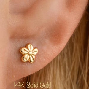 Può includere: Primo piano di un orecchino a bottone a forma di fiore dorato. L'orecchino è un piccolo design a fiore a cinque petali. Il testo "14K Solid Gold" è sotto l'orecchino.